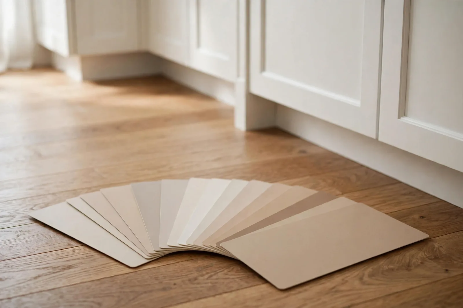 Paint swatch cards in warm neutrals held against oak flooring and white cabinets