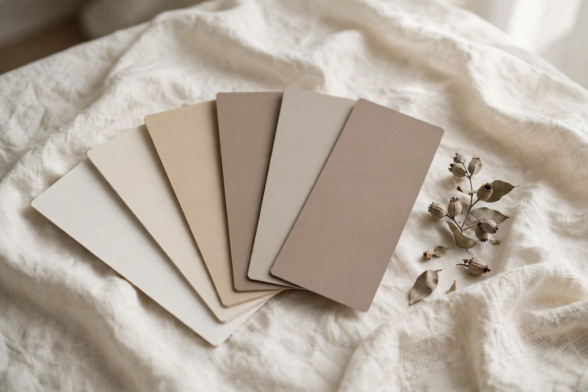 Paint swatch cards in warm neutral tones fanned on ivory linen