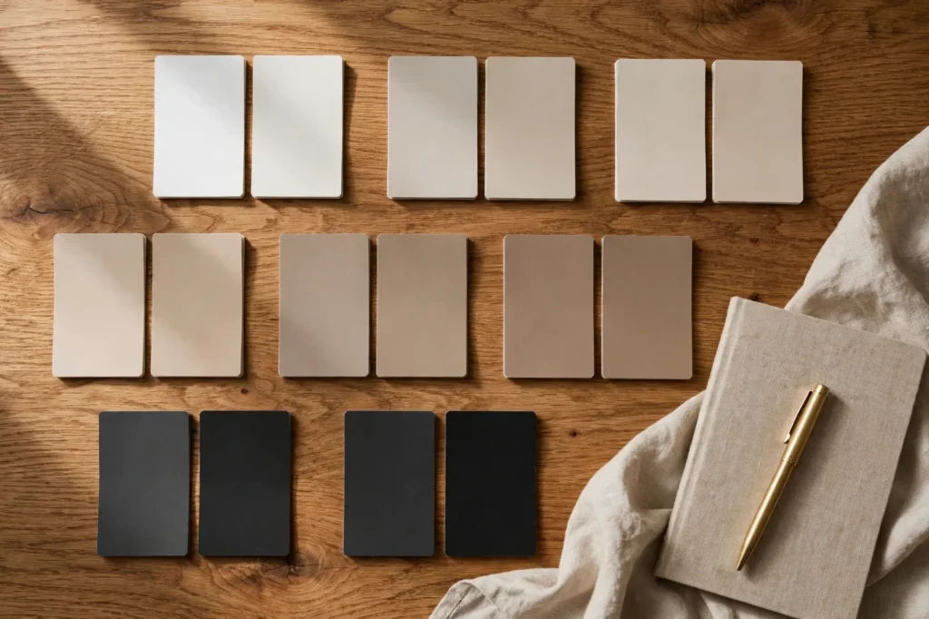 Flat lay of paint swatch cards arranged in comparison pairs on a warm oak table with a notebook