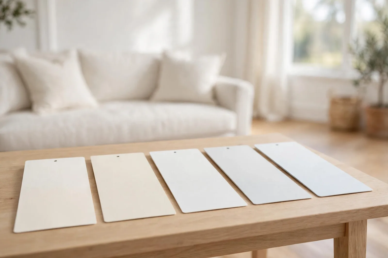 Five white paint swatch cards ranging from warm creamy white to crisp cool white on a wooden table