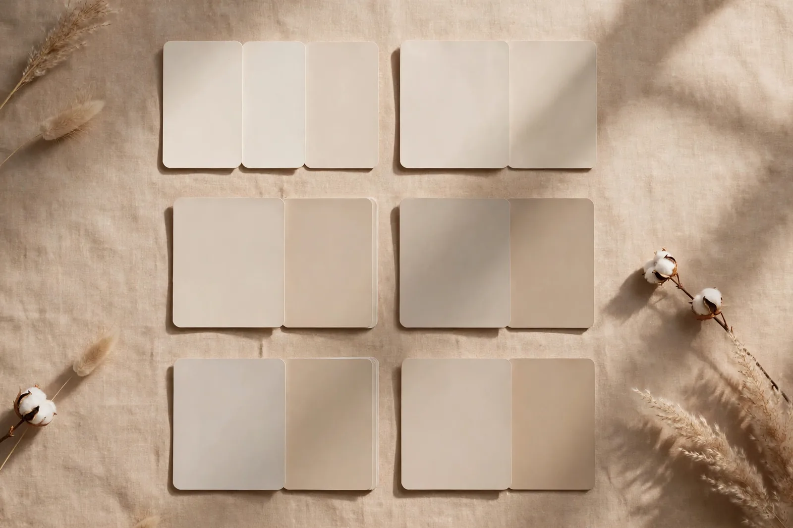 Warm white, beige and greige paint swatches arranged in comparison pairs