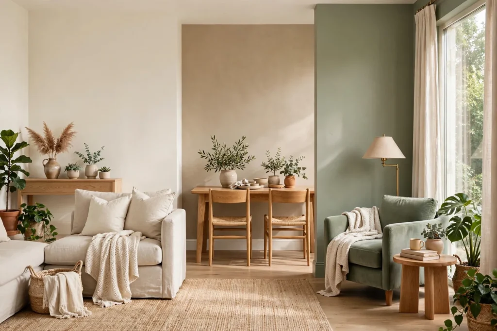 Living room with warm white walls, a greige accent wall, and a sage green reading nook with velvet armchair