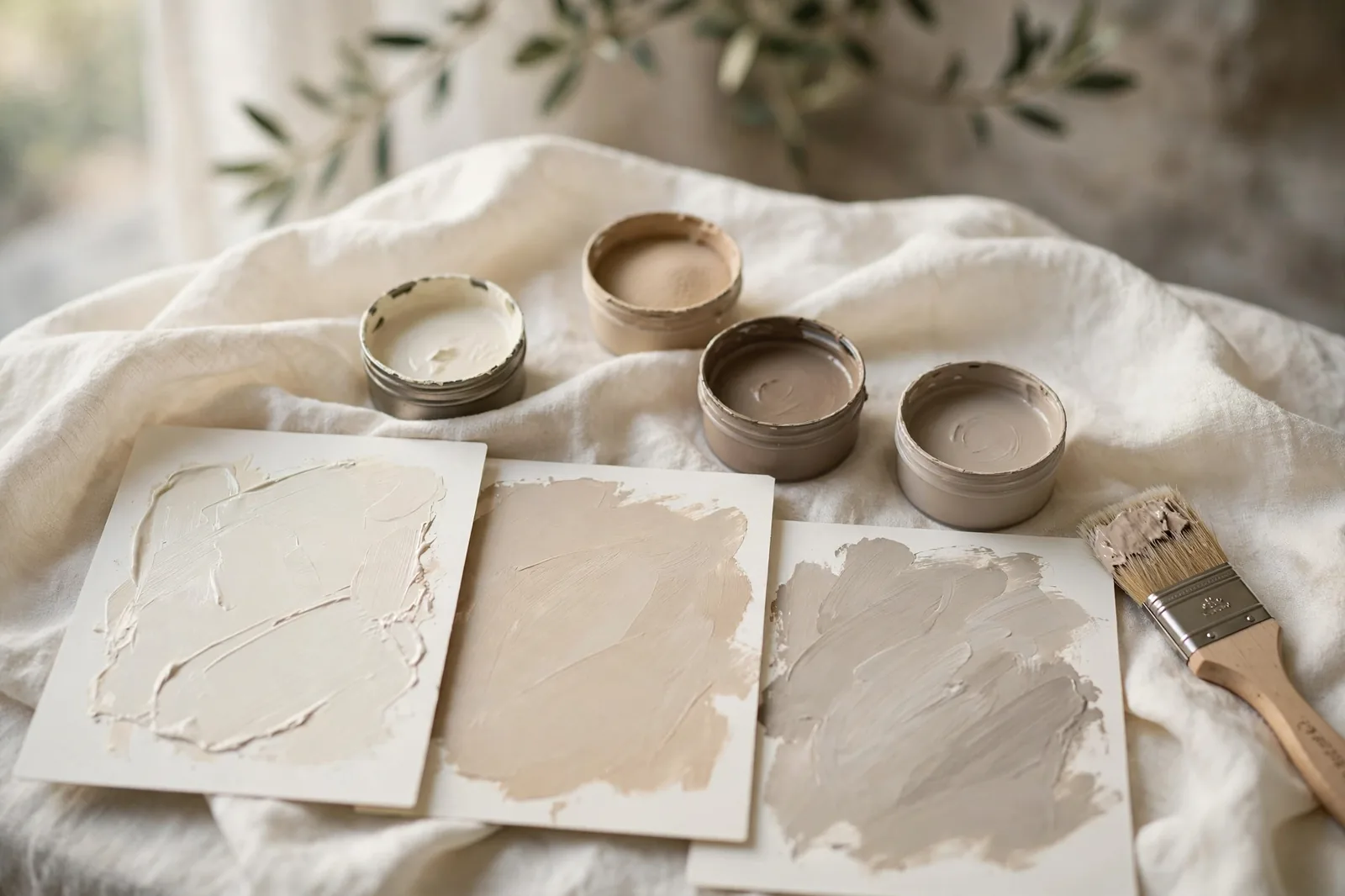 Paint sample pots and swatch cards in warm neutrals arranged for color testing