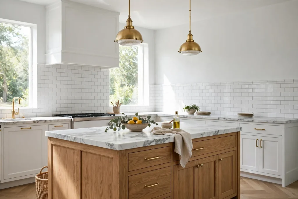 Elegant kitchen with white marble countertops with gray veining, soft cool white walls, subway tile backsplash and brass fixtures