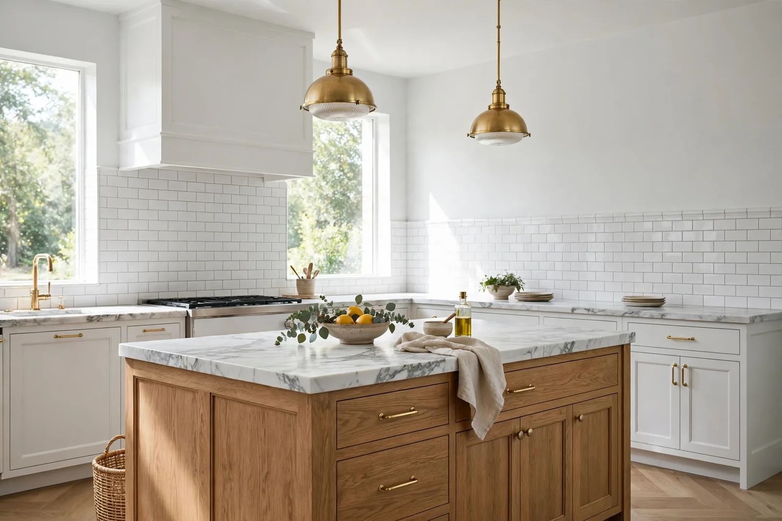 Elegant kitchen with white marble countertops with gray veining, soft cool white walls, subway tile backsplash and brass fixtures