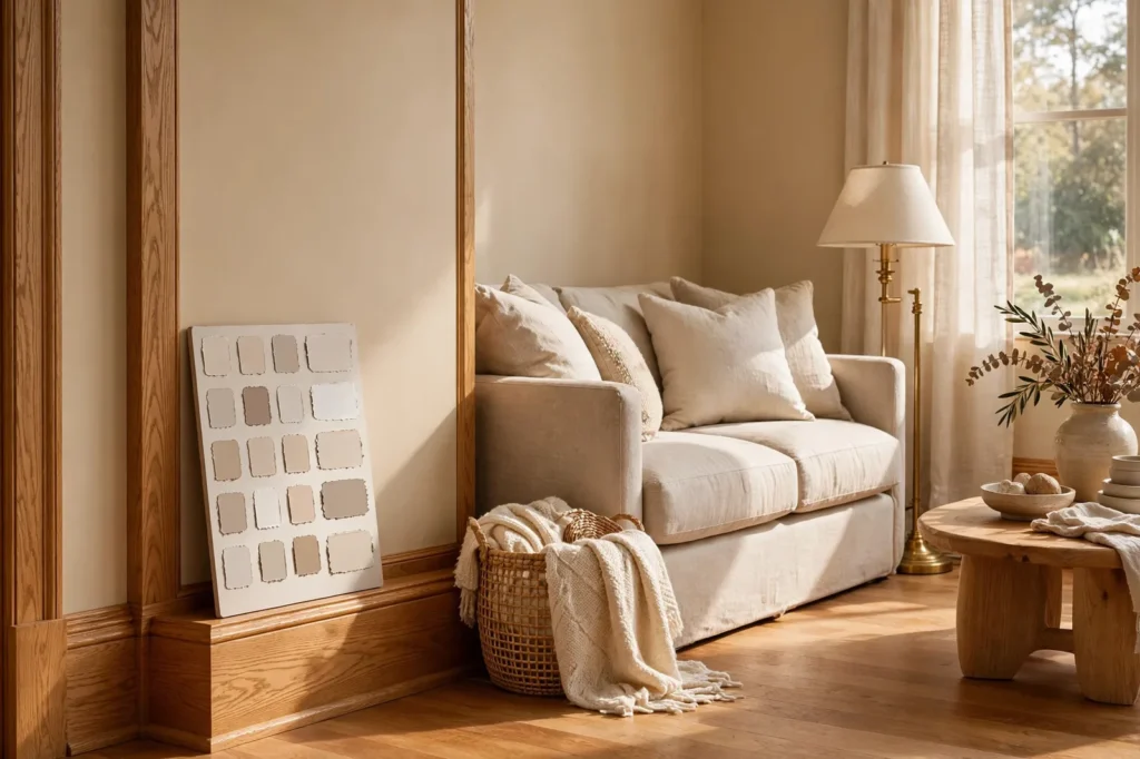 Living room with honey golden oak trim and baseboards, warm greige walls, paint swatch board held against the oak trim, oak floor