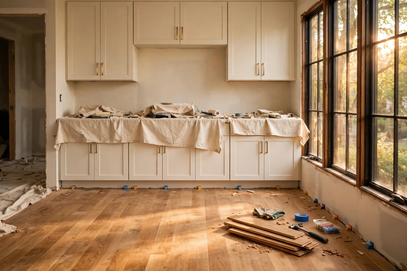 Home mid-renovation with new oak hardwood floors being installed, kitchen cabinets set along a primed warm-white wall, painter's drop cloths, warm window light