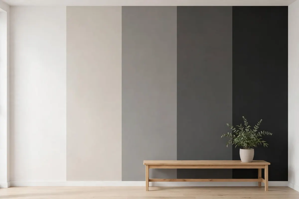 Wall painted in five vertical bands from near-white to charcoal showing paint lightness levels, or LRV