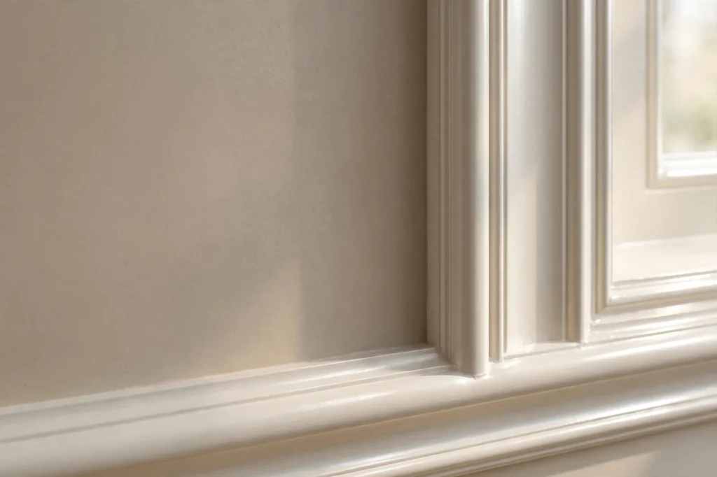 Interior wall corner showing paint sheen levels from flat to semi-gloss under natural light