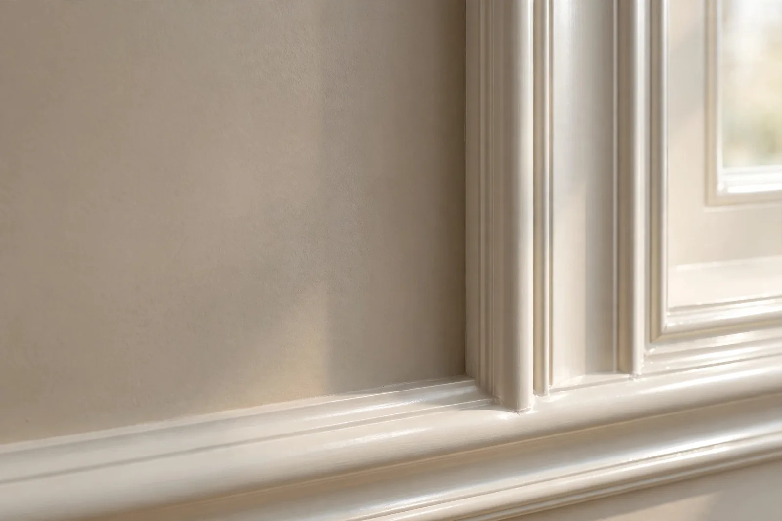 Interior wall corner showing paint sheen levels from flat to semi-gloss under natural light