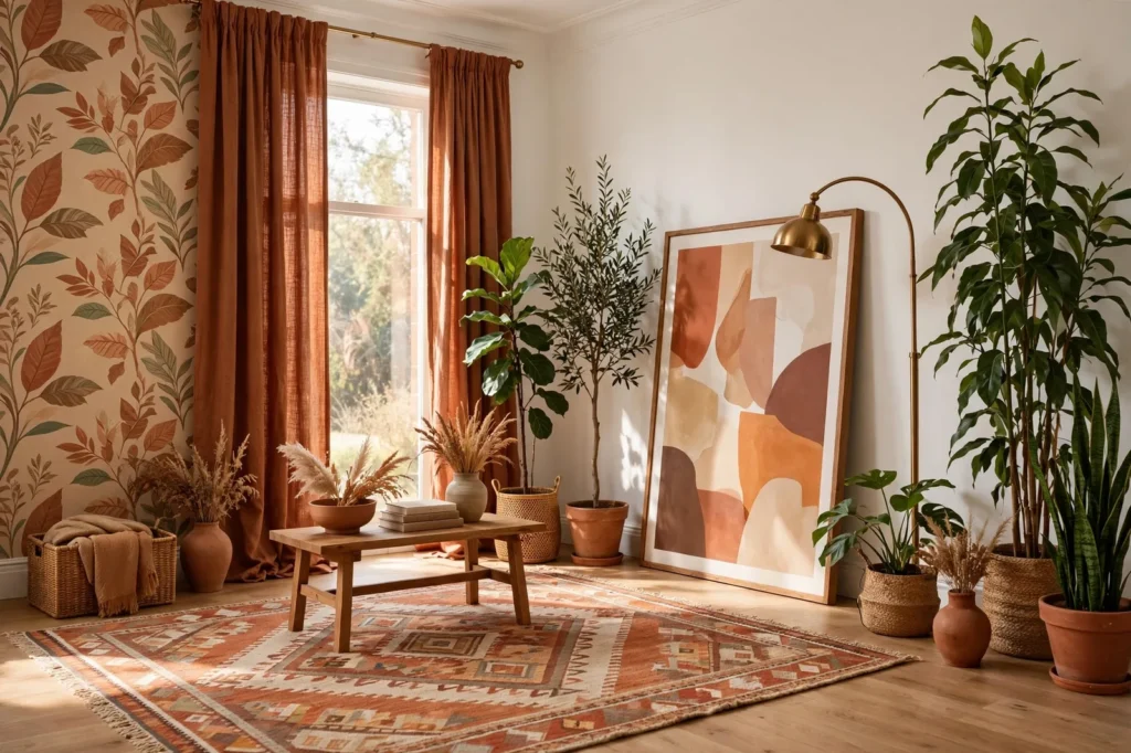 Rental apartment living room with warm neutral walls, terracotta floor-to-ceiling curtains, large area rug, oversized framed art, tall green plants, brass floor lamp