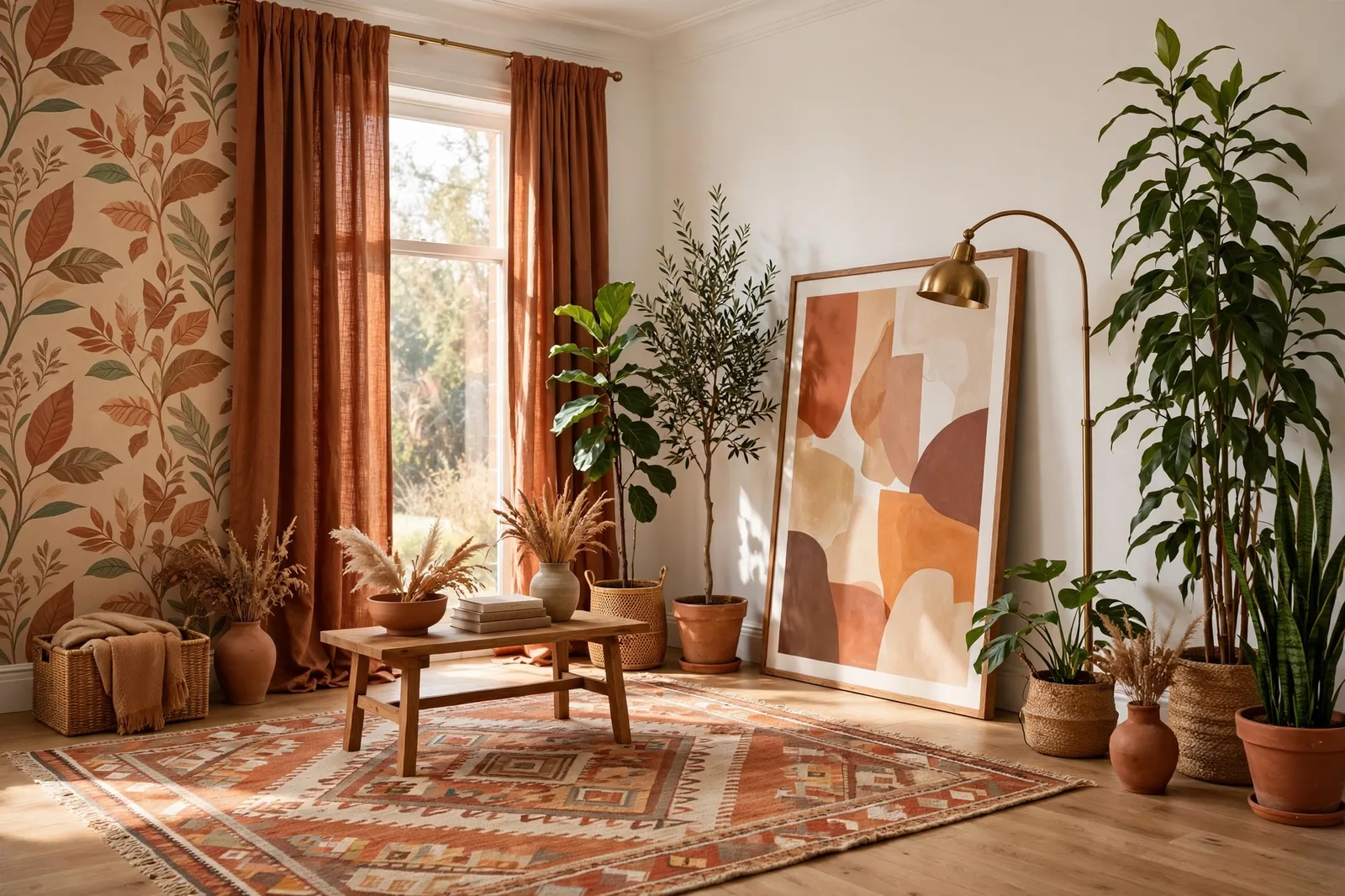 Rental apartment living room with warm neutral walls, terracotta floor-to-ceiling curtains, large area rug, oversized framed art, tall green plants, brass floor lamp