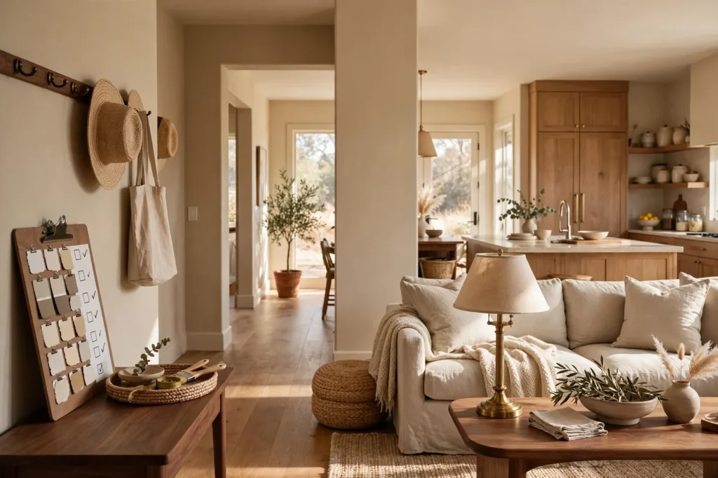 Open-plan home with warm greige walls flowing from entry hallway into living room and kitchen, paint swatch checklist board on walnut table, oak floors