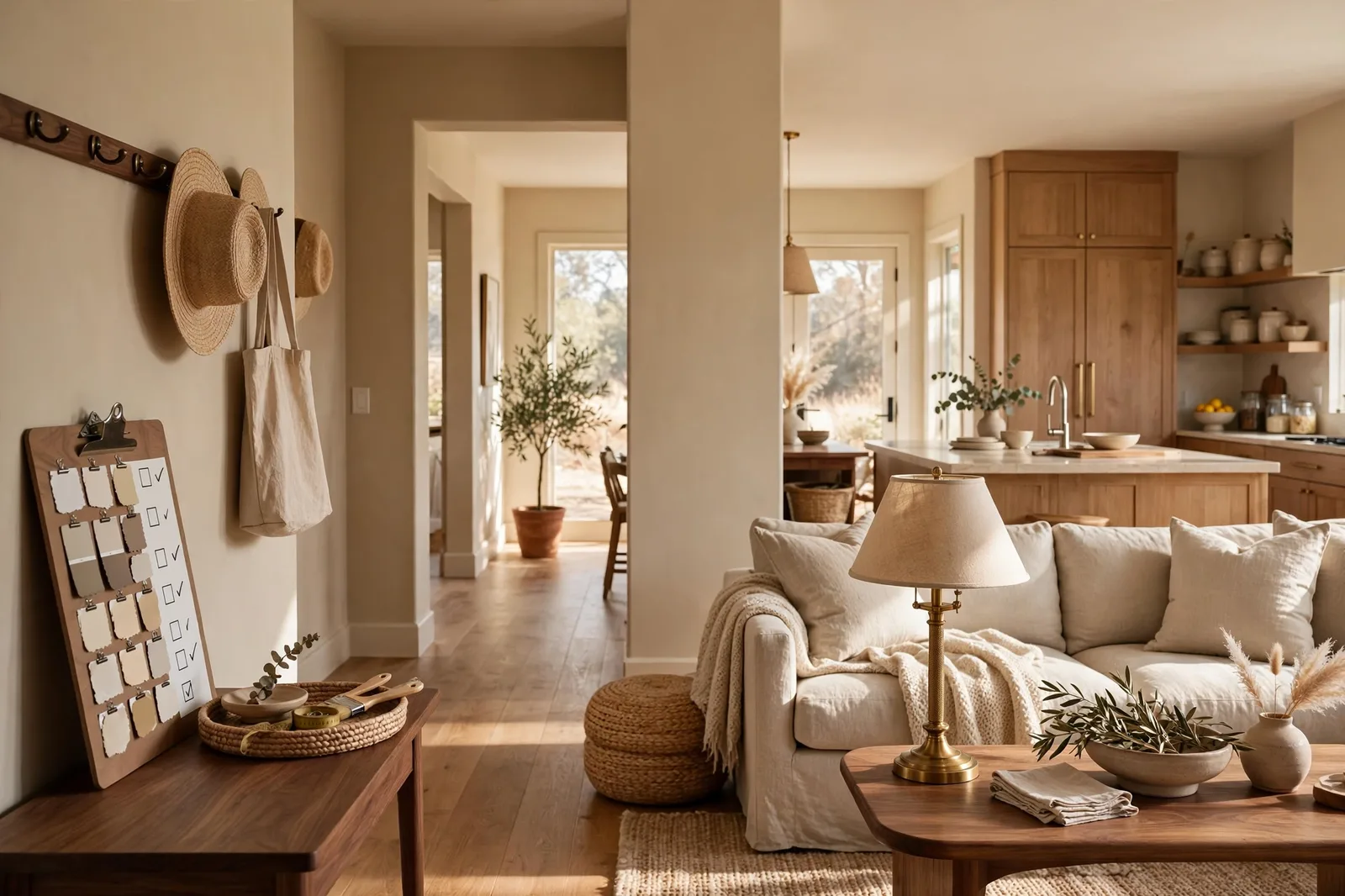Open-plan home with warm greige walls flowing from entry hallway into living room and kitchen, paint swatch checklist board on walnut table, oak floors