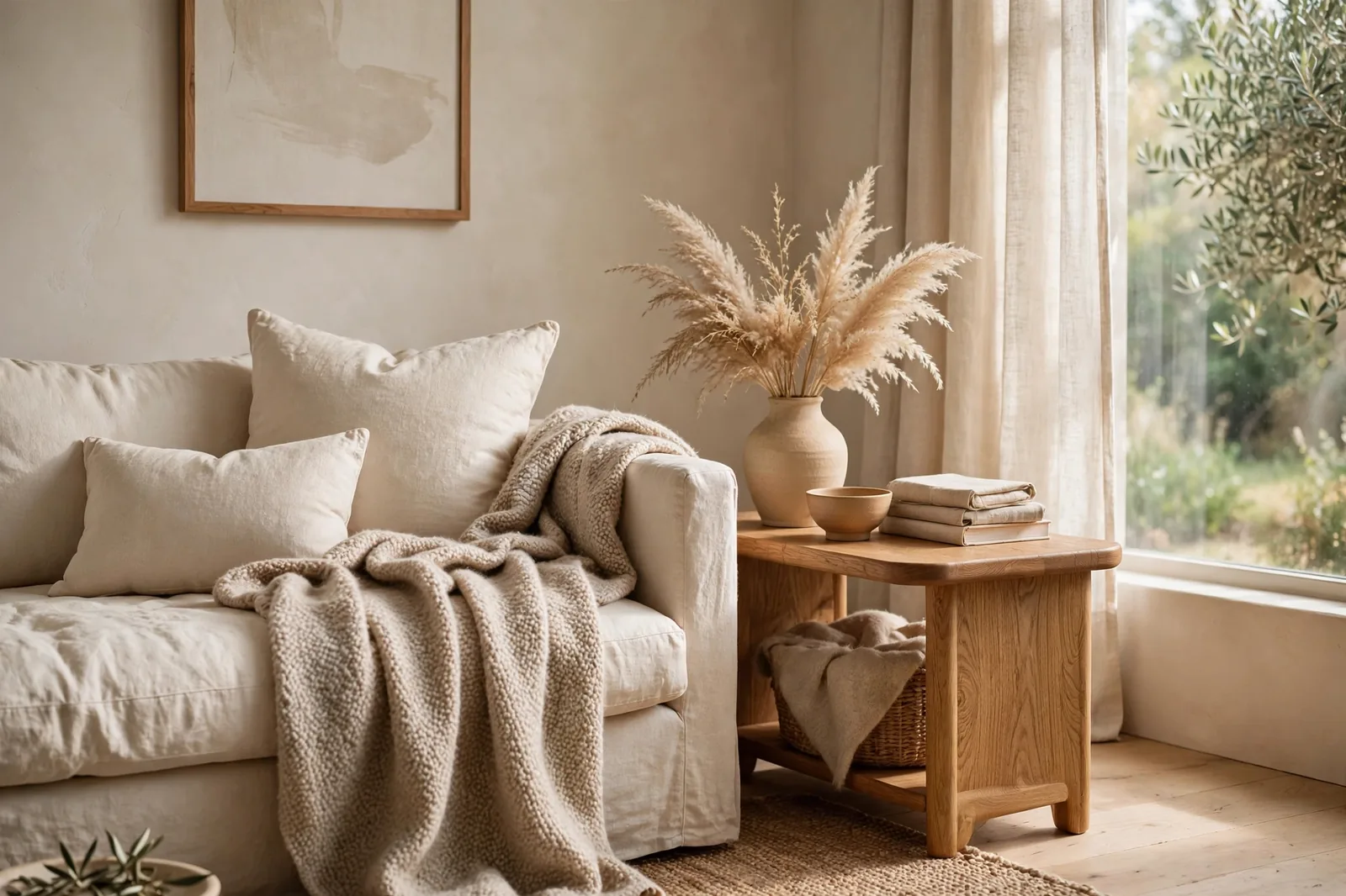 Cozy living room corner with ivory linen sofa and oak side table