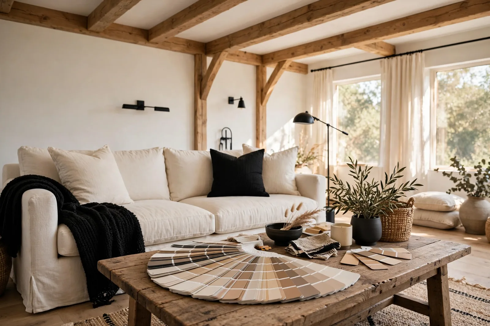 Modern farmhouse living room with paint fan deck of warm neutral colors on coffee table