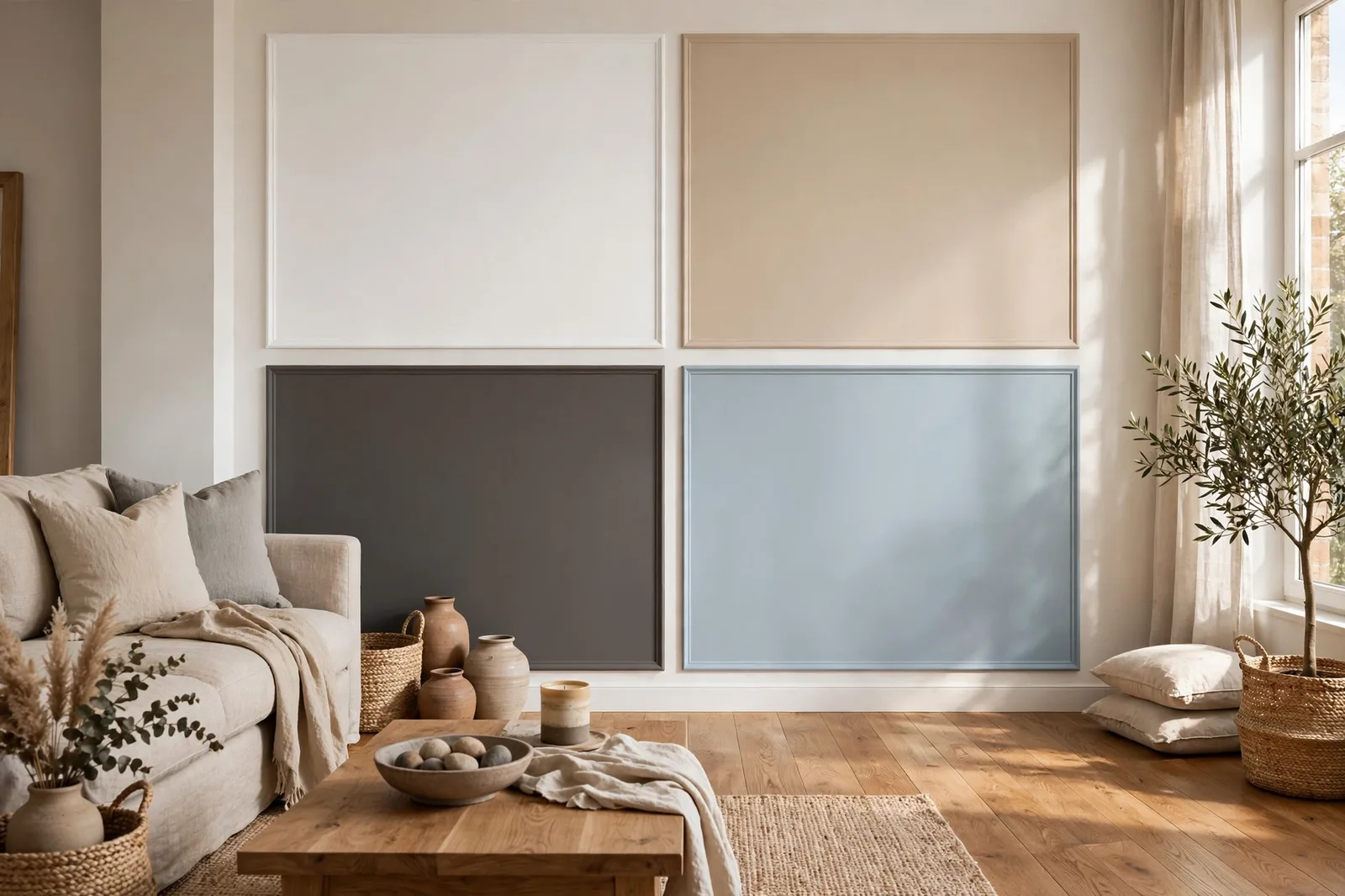 Living room wall with four painted swatch panels showing clean white, warm linen beige, deep warm gray, and light cool blue-gray neutral paint colors, styled room with oak floors