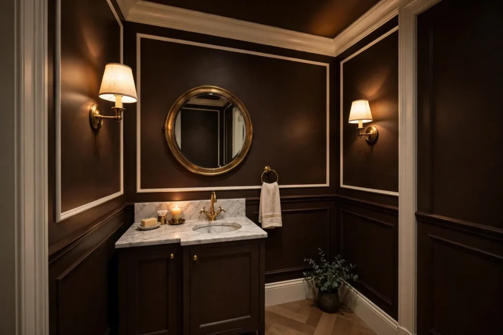 Moody powder room with deep espresso-brown walls, brass fixtures, creamy trim and warm lighting