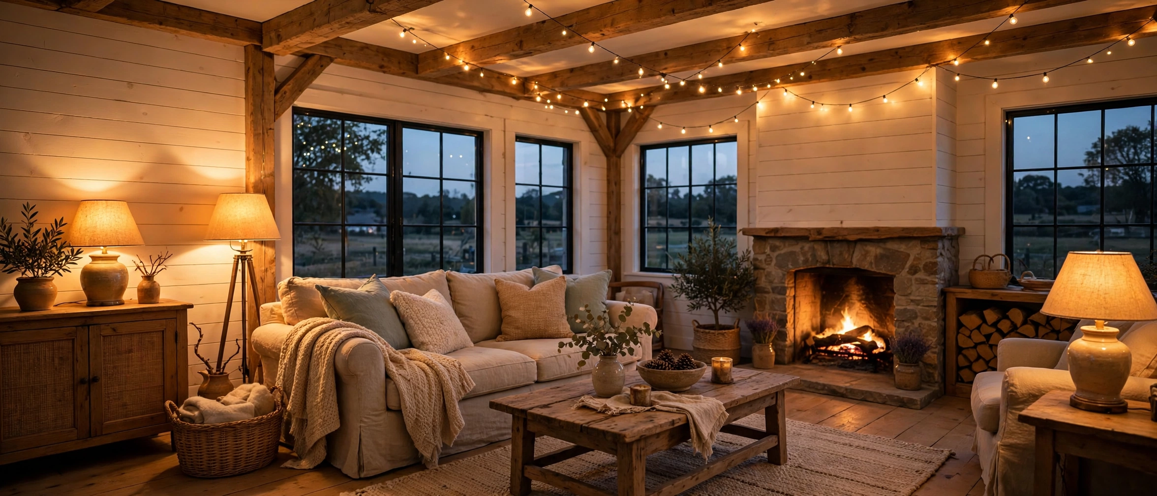 Warmly lit farmhouse living room with lamps at dusk