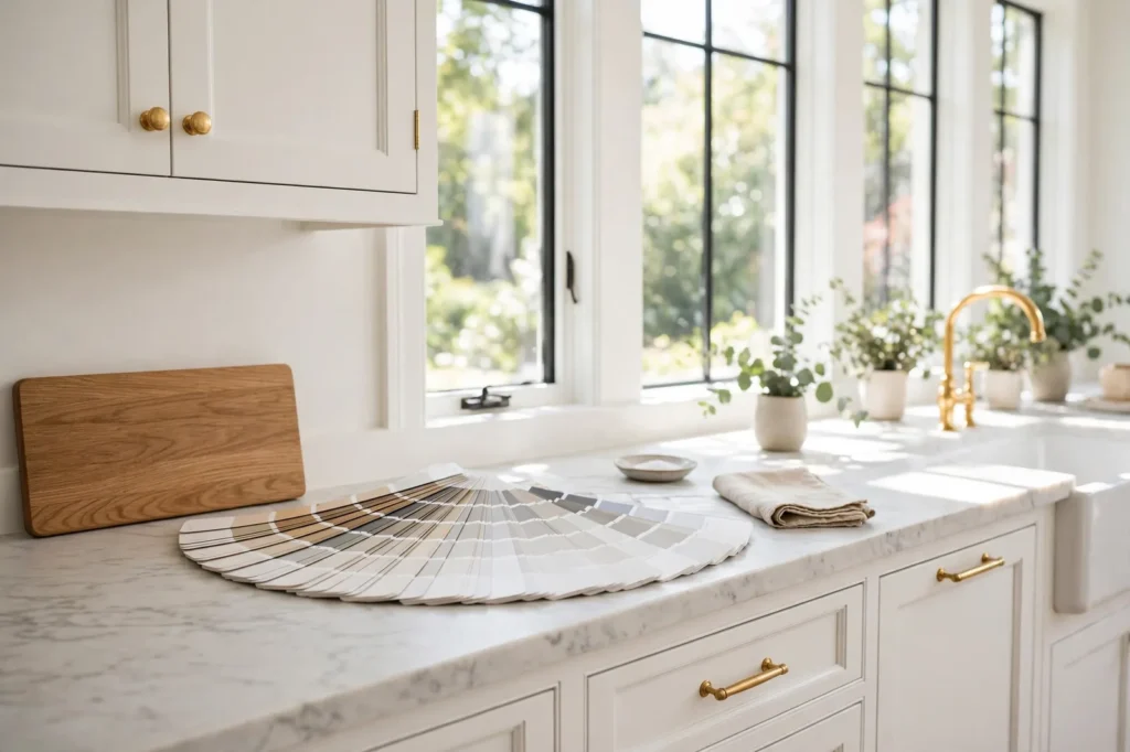 Bright kitchen with Simply White cabinets and a fan of white paint swatch cards on the counter