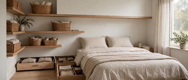 Small bedroom with baskets and under-bed storage drawers