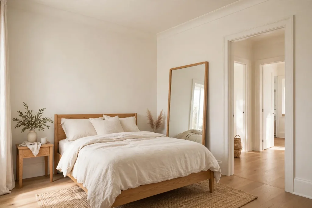 Small cozy bedroom painted in soft warm white with matching ceiling and trim, oak bed frame, large mirror, airy feeling