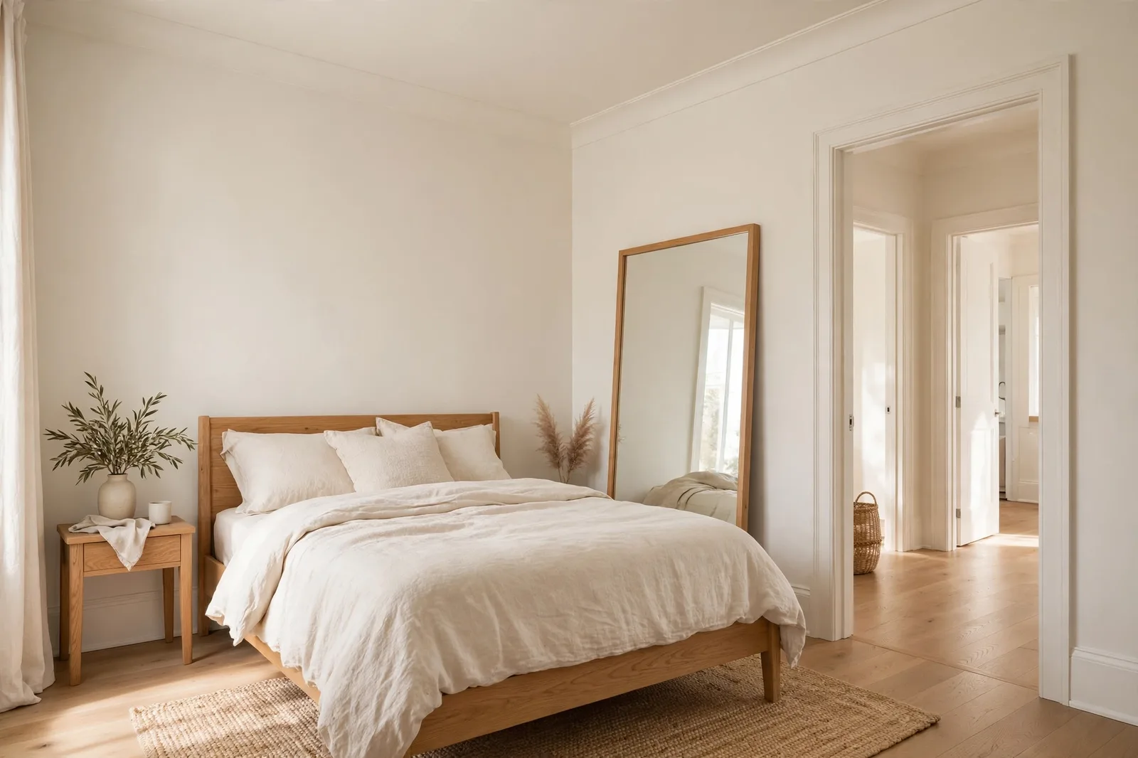 Small cozy bedroom painted in soft warm white with matching ceiling and trim, oak bed frame, large mirror, airy feeling