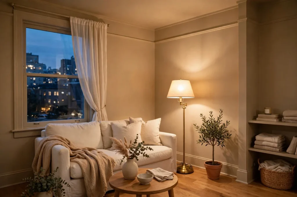 Cozy small apartment living room with warm greige walls, matching ceiling and trim, compact layout, oak floor, cream linen sofa, brass floor lamp