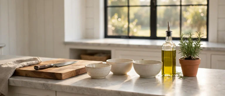 Essential kitchen tools arranged on a farmhouse countertop