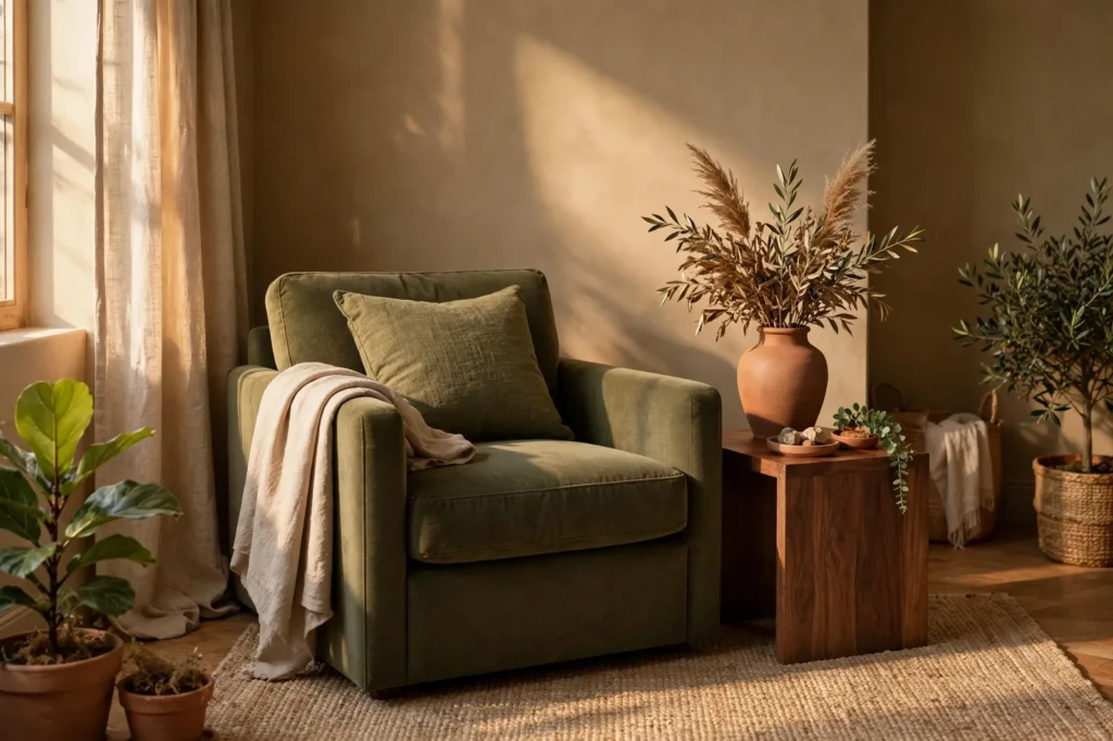 Stylish living room with warm earthy khaki tan walls, olive green armchair, walnut side table and terracotta vase