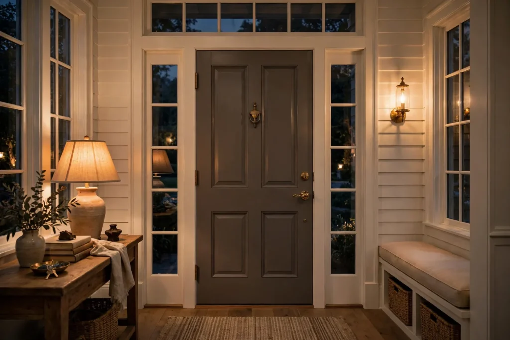 Dramatic front door painted deep warm bronze-gray, warm creamy white trim and siding around it, brass door hardware, evening glow