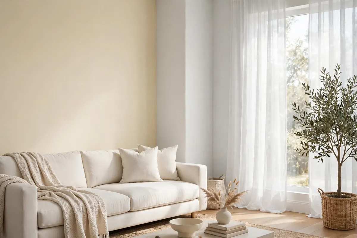 Living room corner comparing a warm creamy white wall with a cooler clean white wall