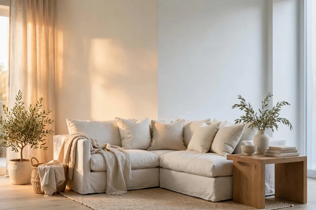 Living room split between warm golden light and cool bright daylight showing white paint temperature