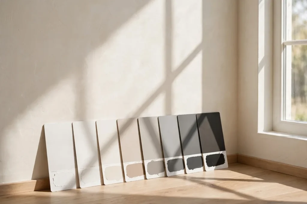 Bright neutral room with window light and paint swatches arranged light to dark