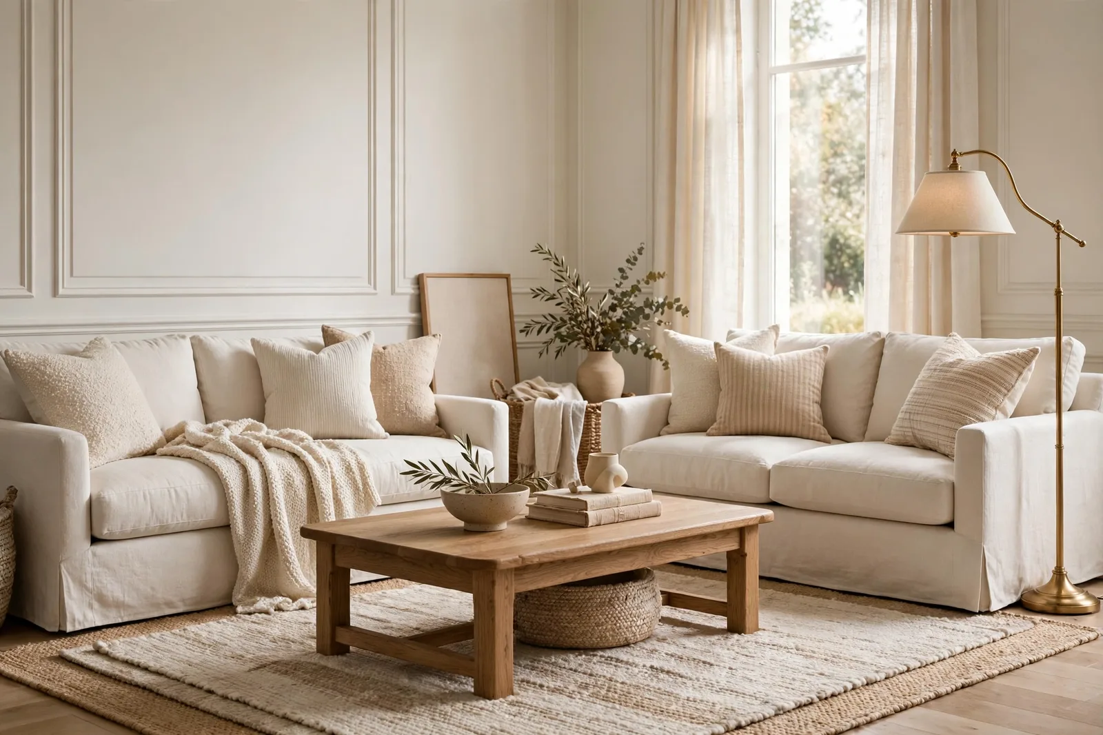 Elegant living room with soft warm white walls and millwork, cream linen sofas, oak coffee table and brass lamp