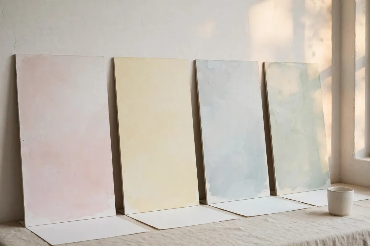 Four white paint boards revealing pink, yellow, blue-grey and green undertones against white paper