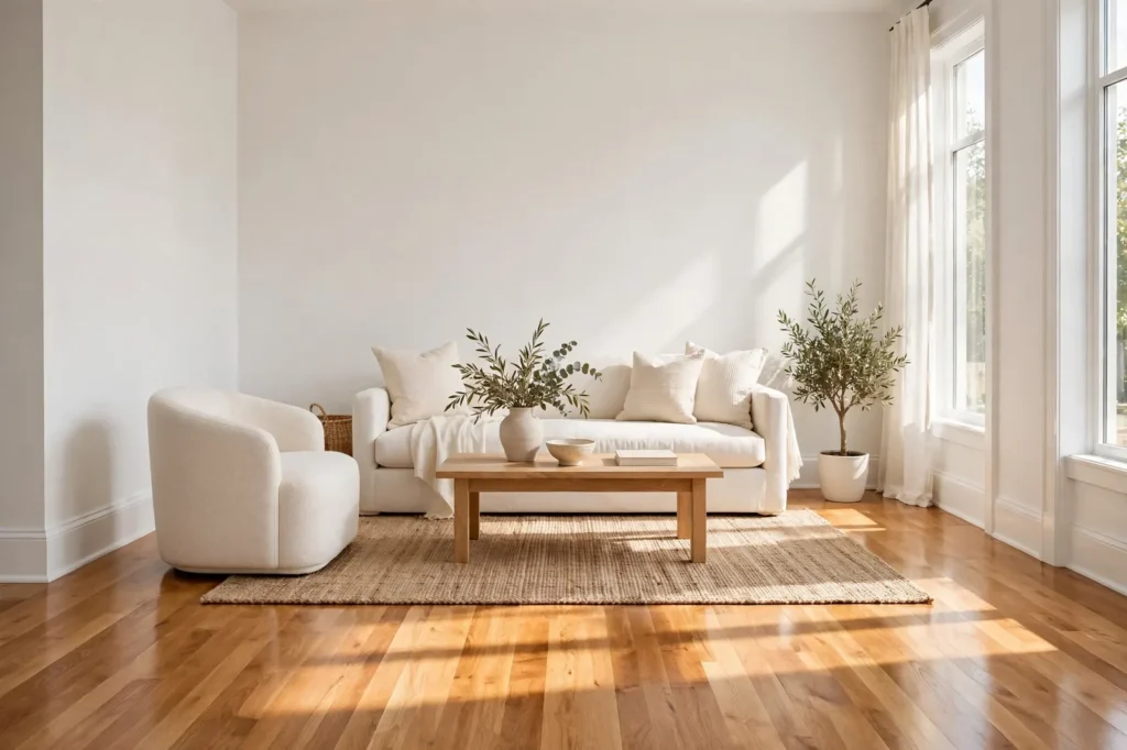 Bright room with white walls and honey oak hardwood floors in sunlight