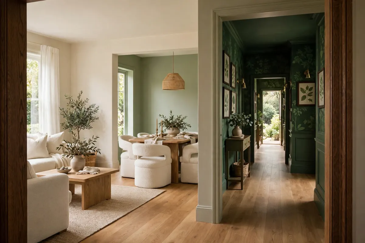 Open-plan home showing color flow from an ivory living room to a sage dining room and deep green hallway