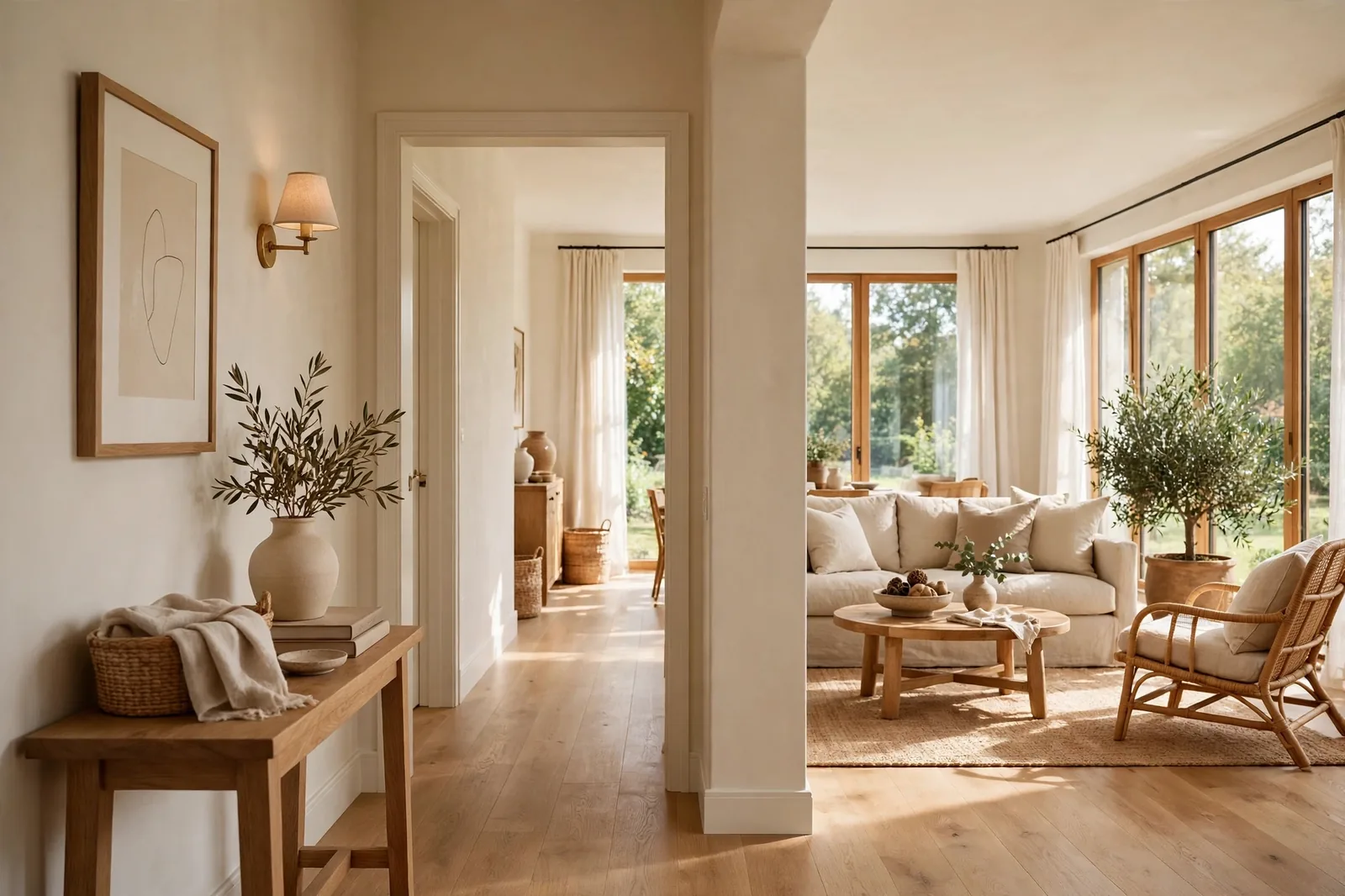 Sunlit hallway with warm ivory walls flowing into a connected living room