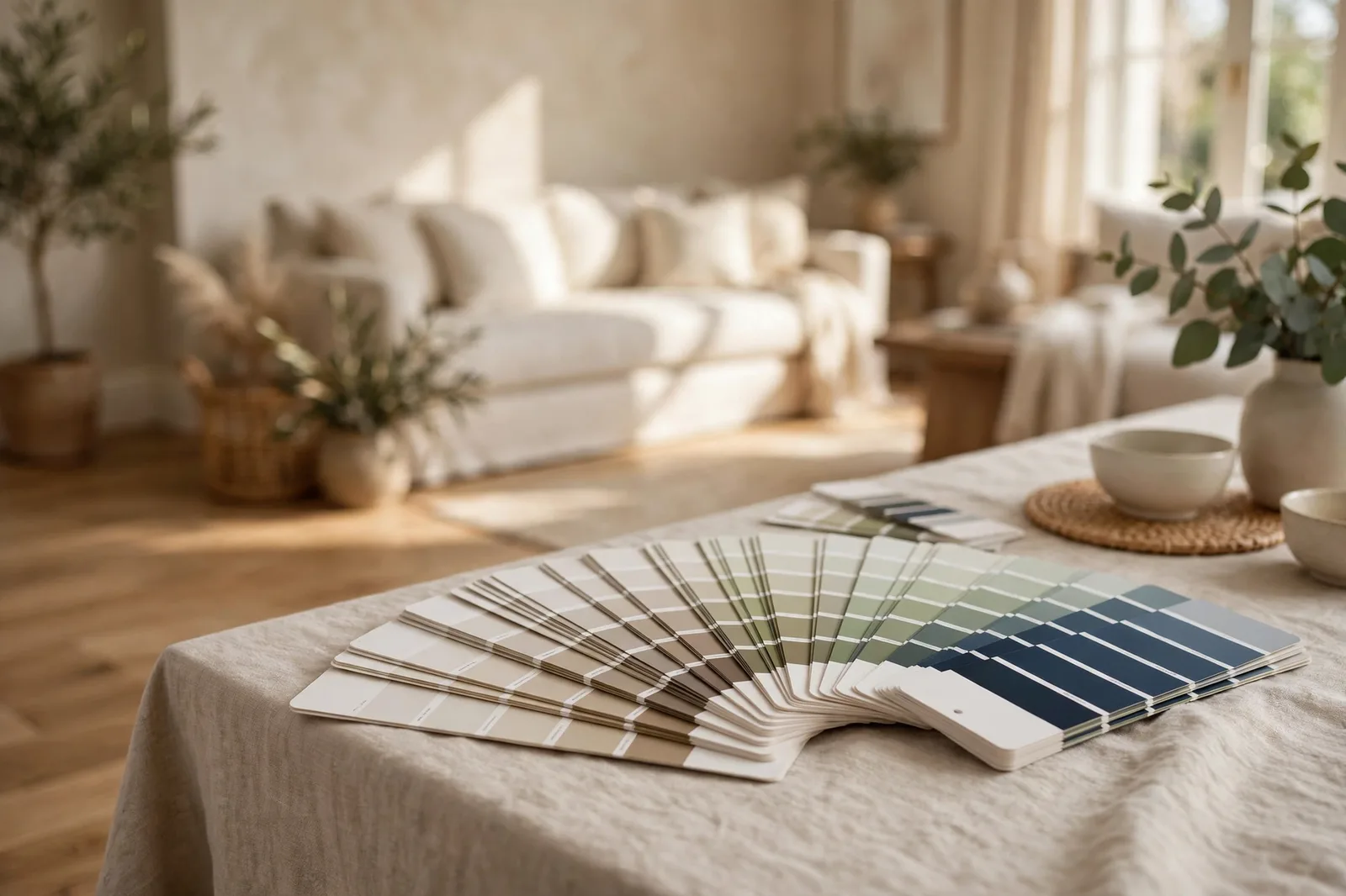 Fan deck of harmonious whole-home paint palettes arranged in a warm neutral living room