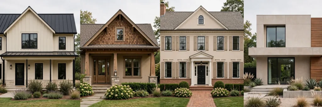Four house styles in different warm neutral paint palettes