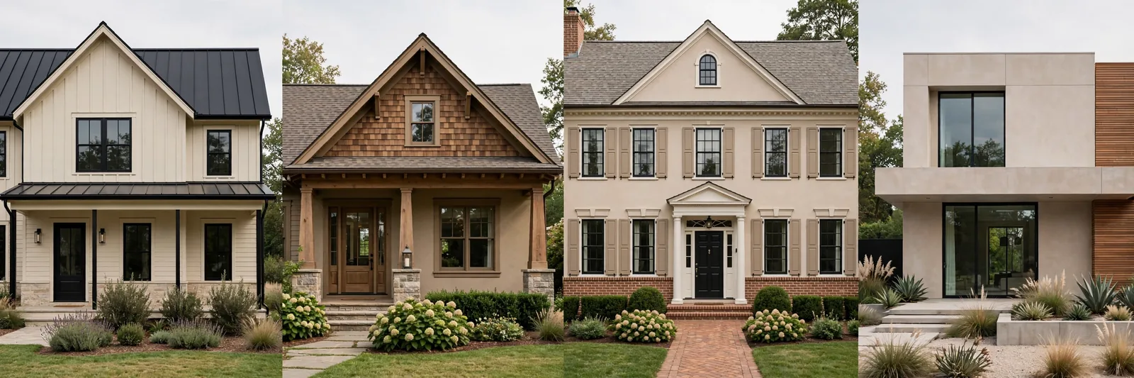Four house styles in different warm neutral paint palettes