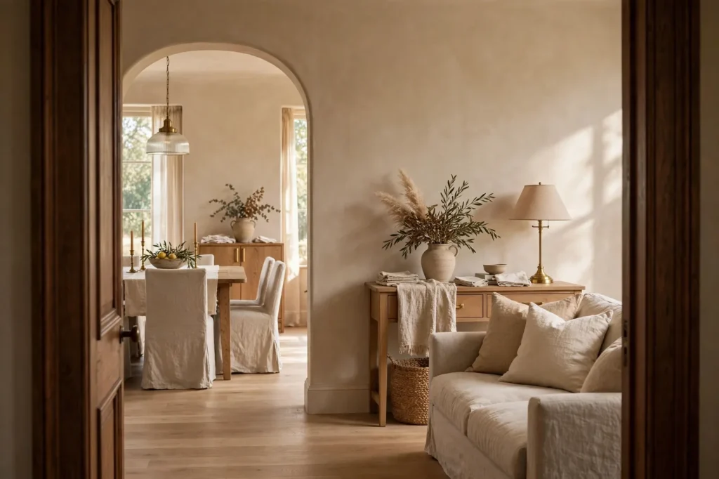 Home interior viewed through a doorway with warm neutral walls flowing room to room, sightline through archway into dining room, oak floors