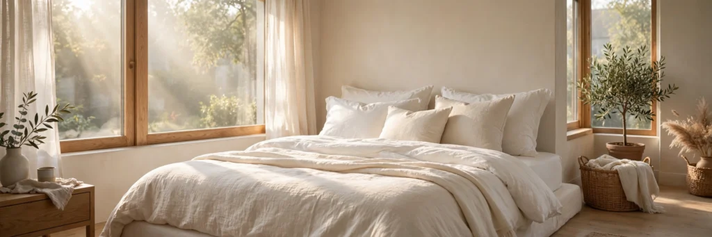 Plush mattress with crisp cream bedding in morning light