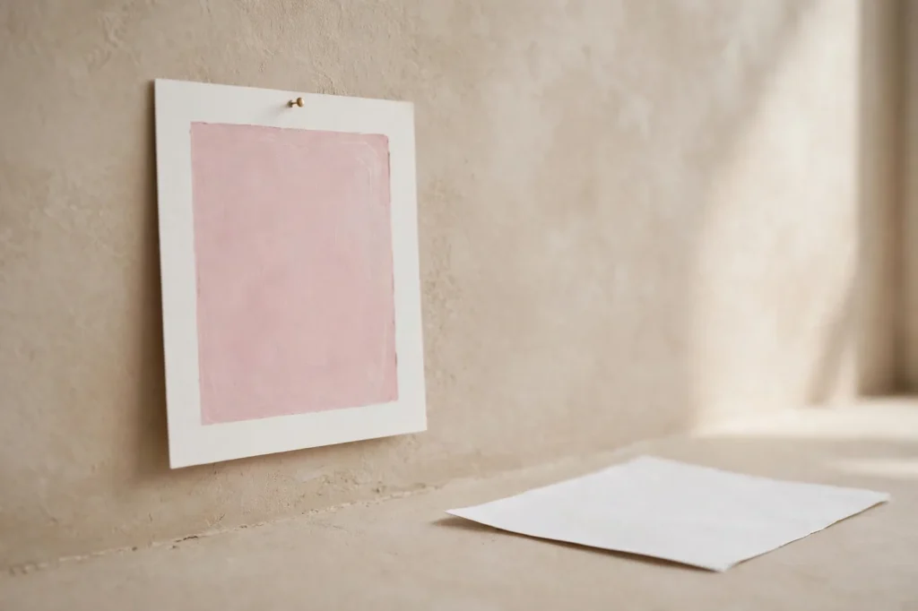 Beige wall with paint swatch revealing pink undertone beside white comparison paper