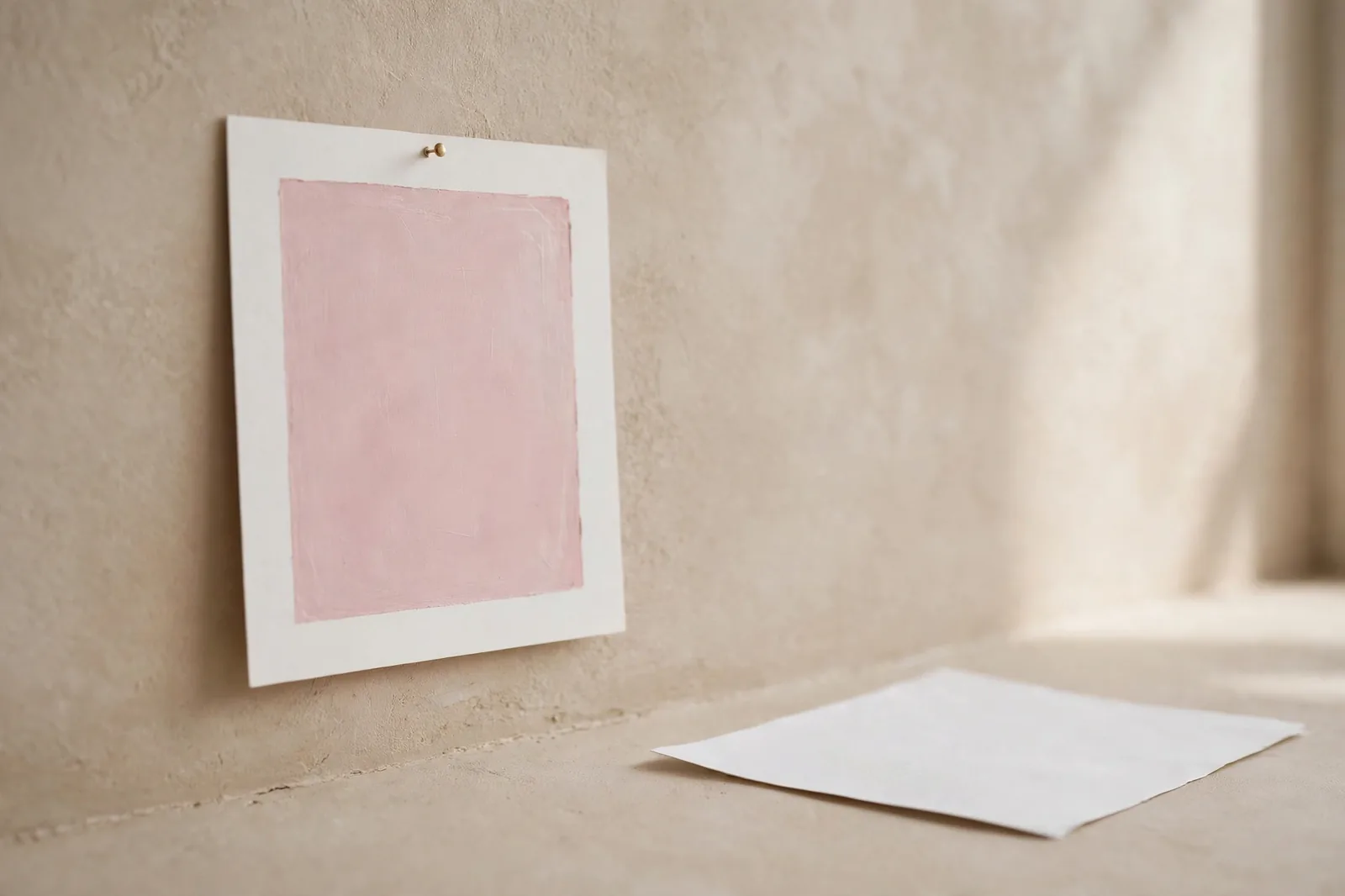 Beige wall with paint swatch revealing pink undertone beside white comparison paper